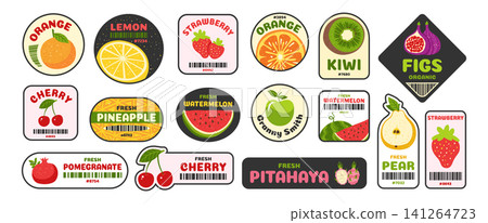 Cartoon fruit label set fresh badges with barcode supermarket farm shop grocery store illustration Cartoon fruit label set fresh badges with barcode supermarket farm shop grocery store illustration 141264723