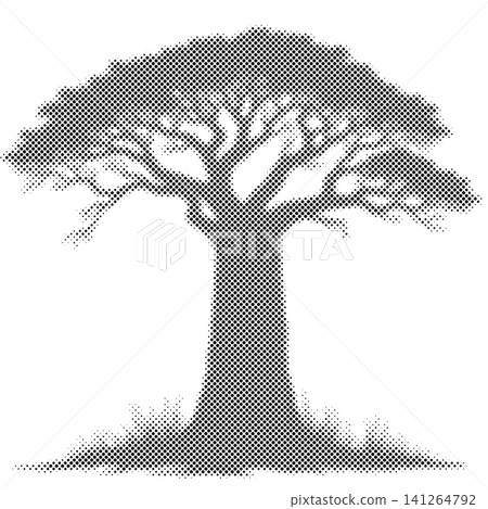 Black and white halftone dot baobab tree, isolated on a clean white background. Black and white halftone dot baobab tree, isolated on a clean white background. 141264792