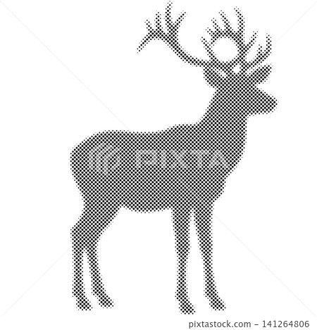 Black and white halftone print of deer, detailed buck with antlers and dotted texture. Black and white halftone print of deer, detailed buck with antlers and dotted texture. 141264806