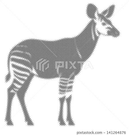 Okapi stylized figure depicted in halftone black dots pattern against white background art. Okapi stylized figure depicted in halftone black dots pattern against white background art. 141264876