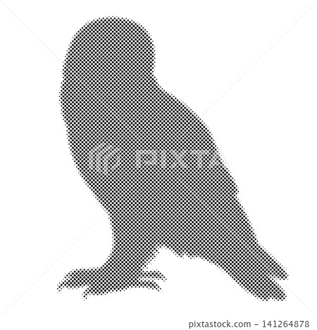 Owl bird profile silhouette rendered with circular halftone dots on solid white background. Owl bird profile silhouette rendered with circular halftone dots on solid white background. 141264878