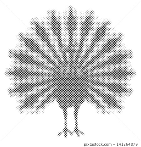 Peacock with expanded tail feathers created using black halftone dots on white background. Peacock with expanded tail feathers created using black halftone dots on white background. 141264879