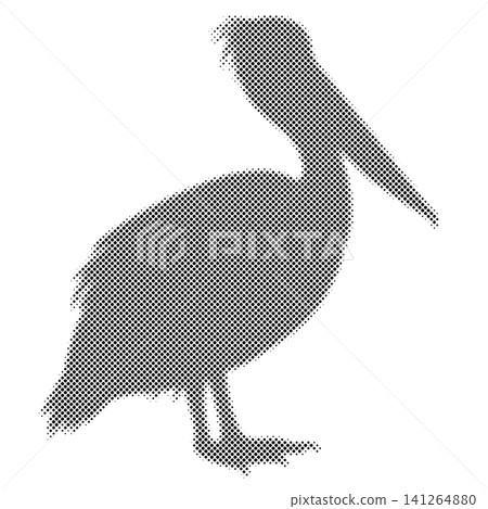 Pelican standing side profile silhouette made with black halftone dots on white backdrop. Pelican standing side profile silhouette made with black halftone dots on white backdrop. 141264880