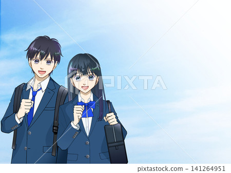 An anime-style illustration of a high school or middle school student boy or girl smiling and holding a backpack and school bag. An anime-style illustration of a high school or middle school student boy or girl smiling and holding a backpack and school bag. 141264951