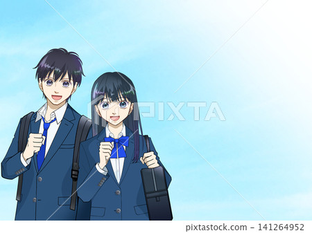 An anime-style illustration of a high school or middle school student boy or girl smiling and holding a backpack and school bag. An anime-style illustration of a high school or middle school student boy or girl smiling and holding a backpack and school bag. 141264952