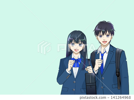 Anime-style illustration of male and female high school or junior high school students carrying backpacks and school bags Anime-style illustration of male and female high school or junior high school students carrying backpacks and school bags 141264968