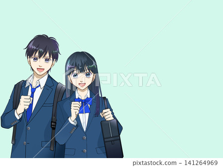 Anime-style illustration of male and female high school or junior high school students carrying backpacks and school bags Anime-style illustration of male and female high school or junior high school students carrying backpacks and school bags 141264969