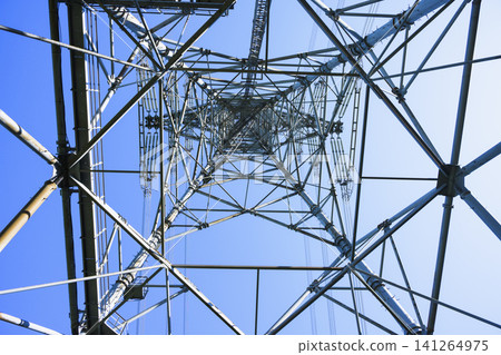 A view of the power transmission tower on Matsuteyama Mountain from below. 141264975