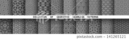 Geometric set of seamless black and gray patterns. Simple vector graphics 141265121