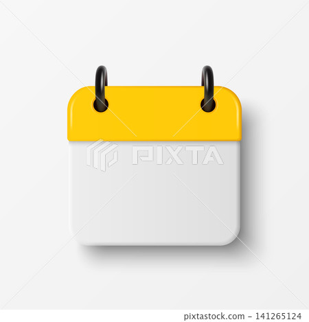 Vector 3d Blank Calendar Icon with Yellow Header, Front View. Minimal Date Planner Page with Rings. Schedule and Appointment Symbol. Reminder and Event Organizer Design Element, Vector Illustration 141265124
