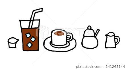 Hand-drawn line art style illustrations of coffee and iced coffee. Hand-drawn line art style illustrations of coffee and iced coffee. 141265144