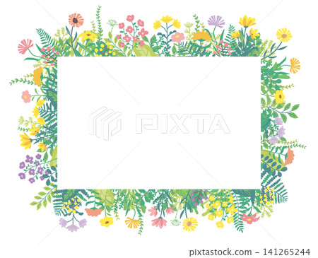 A frame with flowers and plants cut out in a square shape. Warm colors that evoke the image of spring. A frame with flowers and plants cut out in a square shape. Warm colors that evoke the image of spring. 141265244