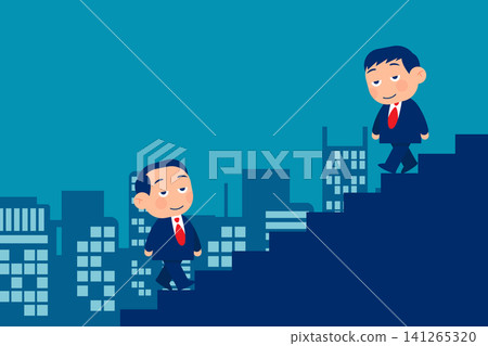 Business replacement. Up and Down. One businessman walking up the top of the stairs and another walking gdown the top 141265320