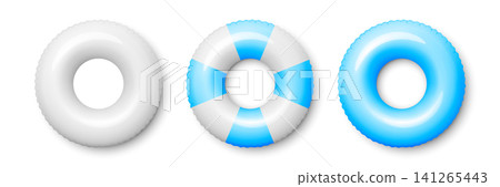 Vector 3d Blue and White Inflatable Swim Rings Isolated. Blank Pool Float Set. Inflatable Rubber Tube for Summer Beach and Pool Design. Realistic Swim Ring Mockup Vector 3d Blue and White Inflatable Swim Rings Isolated. Blank Pool Float Set. Inflatable Rubber Tube for Summer Beach and Pool Design. Realistic Swim Ring Mockup 141265443