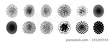 A collection of pointillist pattern illustrations: a random, rough, grunge-halftone-like collection of dots, particle noise. A collection of pointillist pattern illustrations: a random, rough, grunge-halftone-like collection of dots, particle noise. 141265553