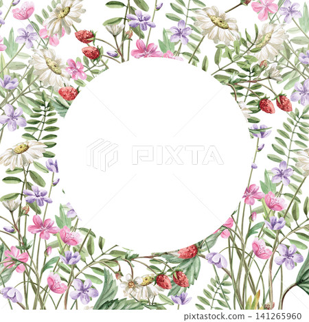Square frame with a circle and delicate, subtle wildflowers. Isolated watercolor illustration is perfect for invitations, cards, wedding designs, nature blogs, and crafts. 141265960