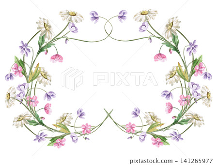 A rectangular frame of wildflowers. This isolated watercolor illustration is perfect for invitations, cards, wedding designs, children's products, nature blogs, and crafts. 141265977