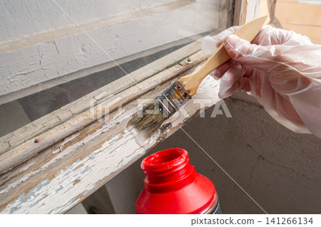 Hand in Transparent Glove with Brush Applying Paint Remover Gel to Old Wooden Window Frame Hand in Transparent Glove with Brush Applying Paint Remover Gel to Old Wooden Window Frame 141266134