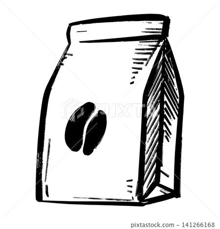Coffee bag illustration with a coffee bean logo, hand drawn black and white sketch vector isolated on white background. Coffee bag illustration with a coffee bean logo, hand drawn black and white sketch vector isolated on white background. 141266168