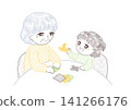 A senior woman enjoys playing with origami at a table with her grandchild. 141266176