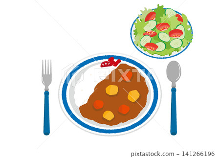 一組咖哩飯和沙拉的插圖。 一組咖哩飯和沙拉的插圖。 141266196
