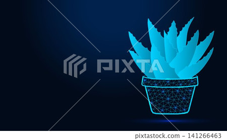 Neon low poly wireframe aloe vera plant in pot on dark blue background. Neon low poly wireframe aloe vera plant in pot on dark blue background. 141266463