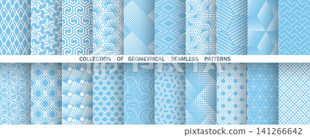 Geometric set of seamless blue and white patterns. Simple vector graphics Geometric set of seamless blue and white patterns. Simple vector graphics 141266642
