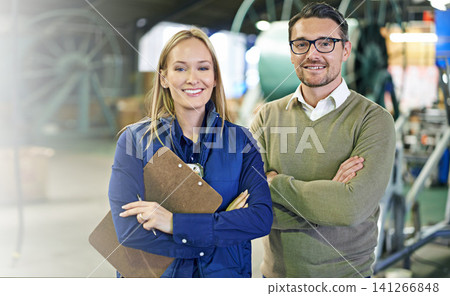Warehouse, portrait and confident people with clipboard for stock, inventory and shipping. Colleagues, teamwork and collaboration on import or export, factory and paperwork for logistics on delivery Warehouse, portrait and confident people with clipboard for stock, inventory and shipping. Colleagues, teamwork and collaboration on import or export, factory and paperwork for logistics on delivery 141266848