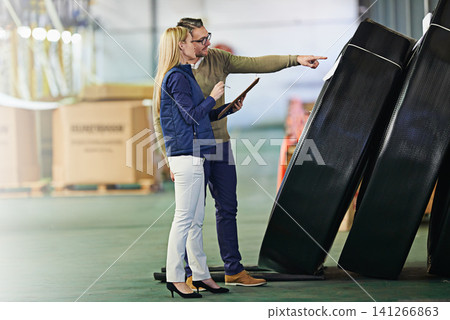 Business people, logistics and checklist in warehouse for delivery, shipping inventory and stock inspection. Distribution, ecommerce and teamwork for freight, supply chain and quality control Business people, logistics and checklist in warehouse for delivery, shipping inventory and stock inspection. Distribution, ecommerce and teamwork for freight, supply chain and quality control 141266863