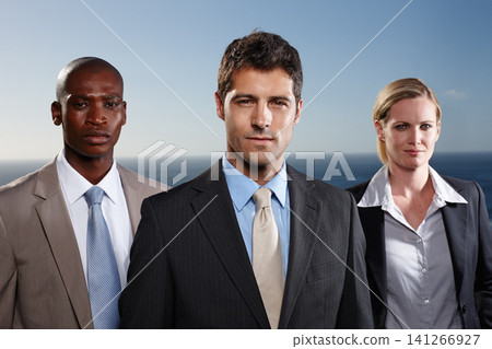 Portrait, collaborate and business people in group for corporate company, outdoors and with confidence by ocean. Teamwork, men and woman with management for executive, workforce and leadership. Portrait, collaborate and business people in group for corporate company, outdoors and with confidence by ocean. Teamwork, men and woman with management for executive, workforce and leadership. 141266927