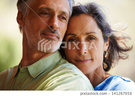 Smile, hug and portrait of mature couple in backyard with comfort, support and trust in marriage. Love, embrace and woman with man in garden together for romantic gesture in care, kindness and nature Smile, hug and portrait of mature couple in backyard with comfort, support and trust in marriage. Love, embrace and woman with man in garden together for romantic gesture in care, kindness and nature 141267058