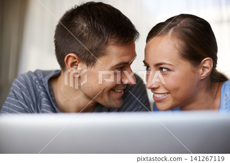 Couple, woman and man with laptop, lounge and relax with partner looking at girl and girlfriend in home. Summer, internet and female person online for search of resort or hotel for date in holiday Couple, woman and man with laptop, lounge and relax with partner looking at girl and girlfriend in home. Summer, internet and female person online for search of resort or hotel for date in holiday 141267119