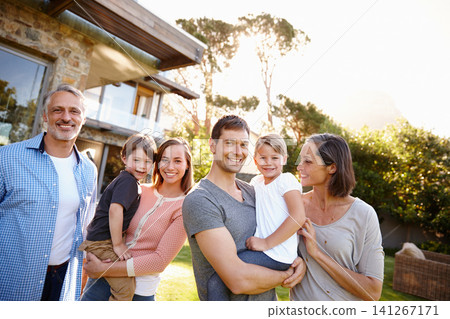 Big family, happy and portrait in backyard for love or bonding, care and memories together. Generations, garden and relax in summer for relationship growth or connection with unity on vacation Big family, happy and portrait in backyard for love or bonding, care and memories together. Generations, garden and relax in summer for relationship growth or connection with unity on vacation 141267171