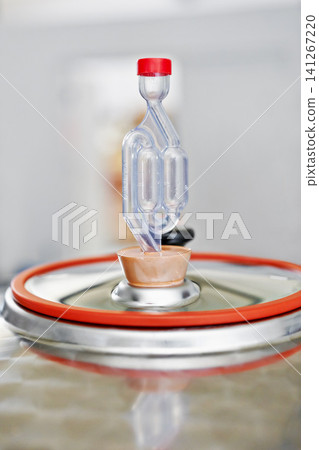 Equipment, container and beer at brewery in factory with fermentation with bung in closeup with production. Manufacturing, airlock or cask with system for alcohol, process and industrIal warehouse Equipment, container and beer at brewery in factory with fermentation with bung in closeup with production. Manufacturing, airlock or cask with system for alcohol, process and industrIal warehouse 141267220