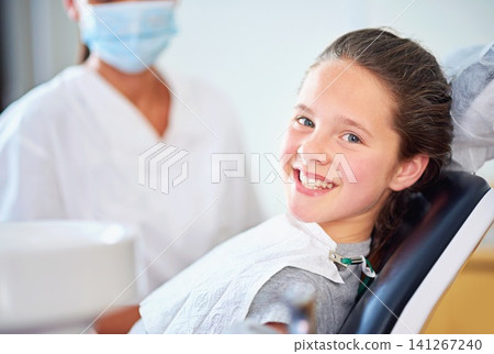 Dental, smile or portrait of girl with dentist in consultation room for mouth, gum or wellness. Cleaning, teeth whitening or kid consulting orthodontist for tooth, growth or braces and development Dental, smile or portrait of girl with dentist in consultation room for mouth, gum or wellness. Cleaning, teeth whitening or kid consulting orthodontist for tooth, growth or braces and development 141267240