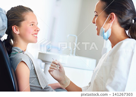 Woman, child and dentist chair with happy people, oral surgery for examination for hygiene and health. Teeth, orthodontist and working in medical practice, dental wellbeing or consulting for cleaning Woman, child and dentist chair with happy people, oral surgery for examination for hygiene and health. Teeth, orthodontist and working in medical practice, dental wellbeing or consulting for cleaning 141267303
