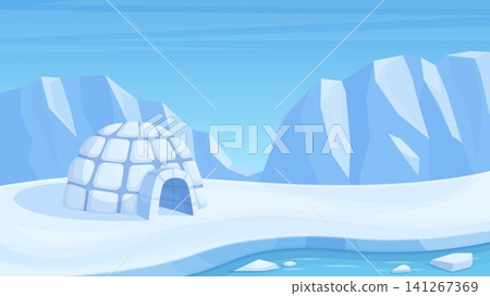 Igloo landscape. Arctic life on ocean and icebergs. Traditional north hut on snow, eskimo housing constructed from frozen ice cubes, sapid vector illustration Igloo landscape. Arctic life on ocean and icebergs. Traditional north hut on snow, eskimo housing constructed from frozen ice cubes, sapid vector illustration 141267369