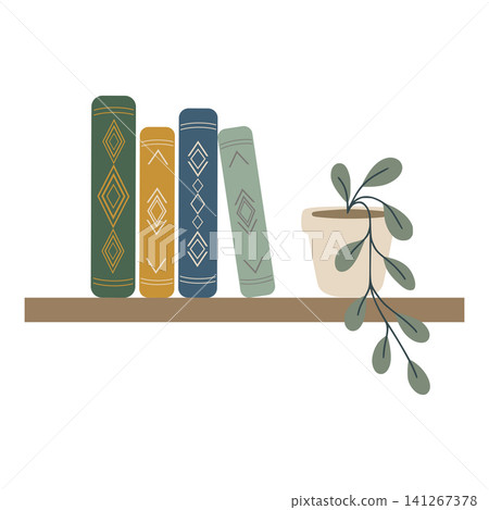 Books and potted plant on wooden shelf Books and potted plant on wooden shelf 141267378