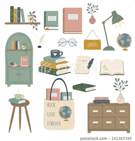 Library and reading essential items flat collection Library and reading essential items flat collection 141267385