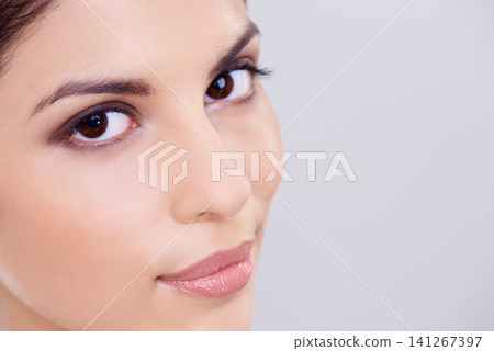 Woman, face and portrait for cosmetology, dermatology and skincare for hygiene and aesthetic in studio. Model, lady and isolated for with makeup, eyeshadow and lipstick for full lips on mockup Woman, face and portrait for cosmetology, dermatology and skincare for hygiene and aesthetic in studio. Model, lady and isolated for with makeup, eyeshadow and lipstick for full lips on mockup 141267397