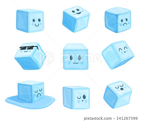 Ice cubes characters. Cartoon frozen water face character different emotions. Blue ice cube melting, in sunglasses. Refresher elements for drinks, sapid vector clipart Ice cubes characters. Cartoon frozen water face character different emotions. Blue ice cube melting, in sunglasses. Refresher elements for drinks, sapid vector clipart 141267399