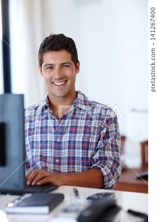 Man, portrait and computer at office desk with smile as internet software developer for website research, report or small business. Male person, face and app communication, company or entrepreneur Man, portrait and computer at office desk with smile as internet software developer for website research, report or small business. Male person, face and app communication, company or entrepreneur 141267400