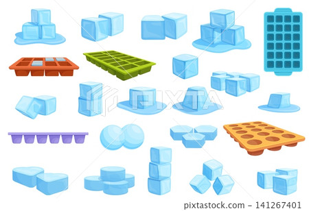 Silicone ice cubes molds. Plastic mold for freezing in freezer. Different shapes of frozen water for cocktails, food, cooling, summer refresher drinks, sapid vector set Silicone ice cubes molds. Plastic mold for freezing in freezer. Different shapes of frozen water for cocktails, food, cooling, summer refresher drinks, sapid vector set 141267401