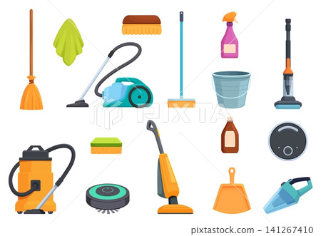 Floor cleaning tools. Cartoon vacuum cleaners, brushes and bucket, sponge and napkin. Professional household equipment for clean, sapid vector set Floor cleaning tools. Cartoon vacuum cleaners, brushes and bucket, sponge and napkin. Professional household equipment for clean, sapid vector set 141267410