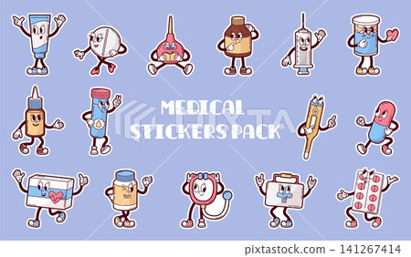 Medical stickers. Funny pharmacy and hospital characters, groovy sticker design. Drugs, first aid kit, vitamins, cream in tube, neoteric vector set Medical stickers. Funny pharmacy and hospital characters, groovy sticker design. Drugs, first aid kit, vitamins, cream in tube, neoteric vector set 141267414