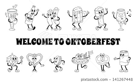 Cartoon Oktoberfest coloring page characters. White black stickers groovy style. Beer glasses and bottle, hop, pretzel, sausages. Funny mascots vector set Cartoon Oktoberfest coloring page characters. White black stickers groovy style. Beer glasses and bottle, hop, pretzel, sausages. Funny mascots vector set 141267448