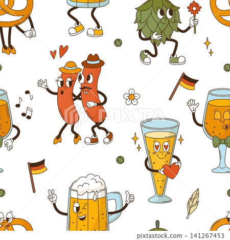 Beer glasses characters seamless pattern. Groovy cartoon glass, sausage, pretzel and hop. Traditional bavarian beer fest print, vector background Beer glasses characters seamless pattern. Groovy cartoon glass, sausage, pretzel and hop. Traditional bavarian beer fest print, vector background 141267453
