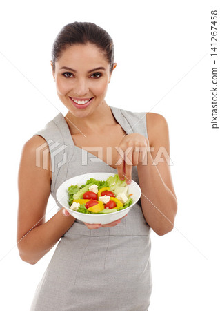Woman, portrait and fashion in studio with salad for healthy living, vegan meal and vegetables with nutrition. Model, face and happy with diet lunch, feta snack and organic food on a white background Woman, portrait and fashion in studio with salad for healthy living, vegan meal and vegetables with nutrition. Model, face and happy with diet lunch, feta snack and organic food on a white background 141267458