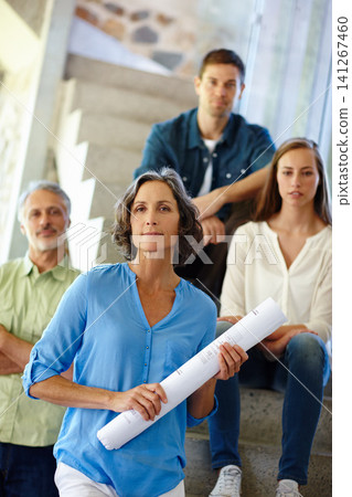 Blueprint, business people and portrait of architect with confidence for design plan, project and meeting. Mature woman, team and pride with paper for construction, idea and creative collaboration Blueprint, business people and portrait of architect with confidence for design plan, project and meeting. Mature woman, team and pride with paper for construction, idea and creative collaboration 141267460
