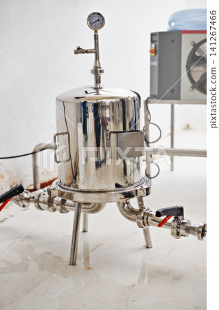 Beer, production and pressure gauge with tank in factory or distillery for winery, alcohol or drink manufacturing. Steel tank or metal container for micro DIY brewery, startup or industry equipment Beer, production and pressure gauge with tank in factory or distillery for winery, alcohol or drink manufacturing. Steel tank or metal container for micro DIY brewery, startup or industry equipment 141267466